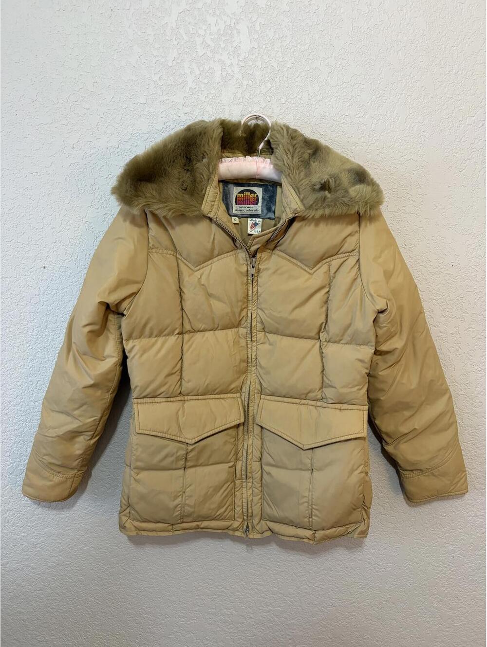 VTG 70s Miller Goose Down Coat Faux Fur Collar Youth Size 10 Tan Made in USA